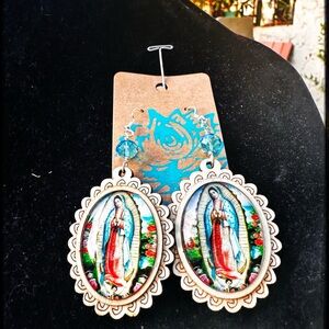 Virgin of Guadalupe Oval Statement Earrings in Turquoise and Red